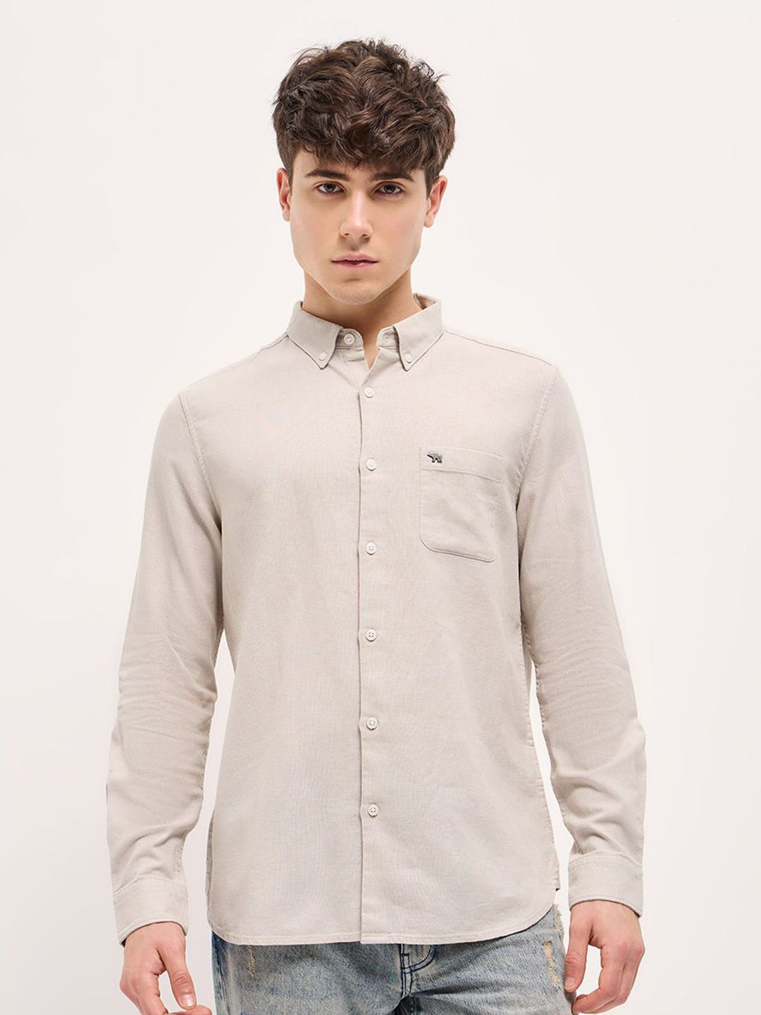 THE BEAR HOUSE Men Button-Down Collar Solid Slim Fit Cotton Shirt