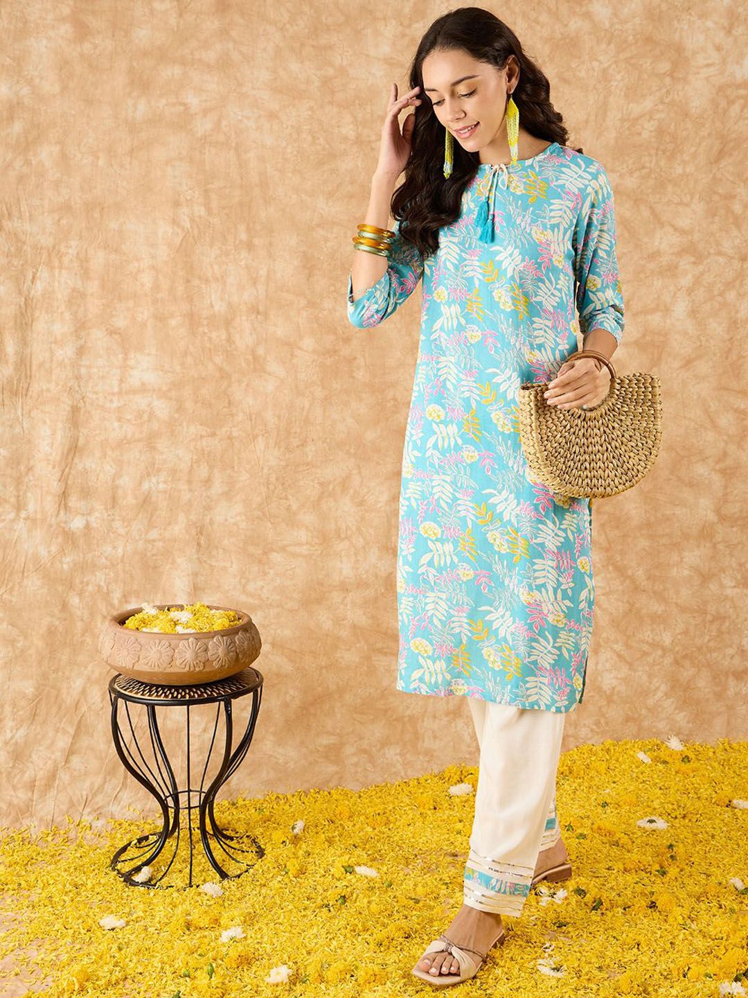 Indo Era Floral Printed Straight Kurta with Trousers