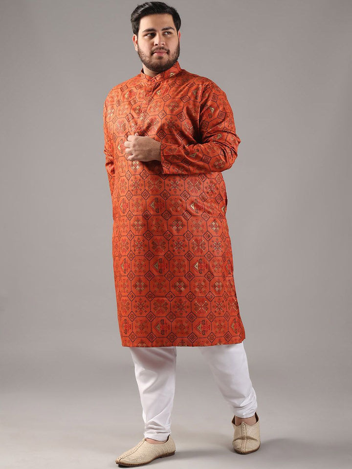 SOJANYA PLUS Plus Size Lelaki Motif Etnik Bercetak Kolar Jalur Kurta Lurus Dengan Piyama