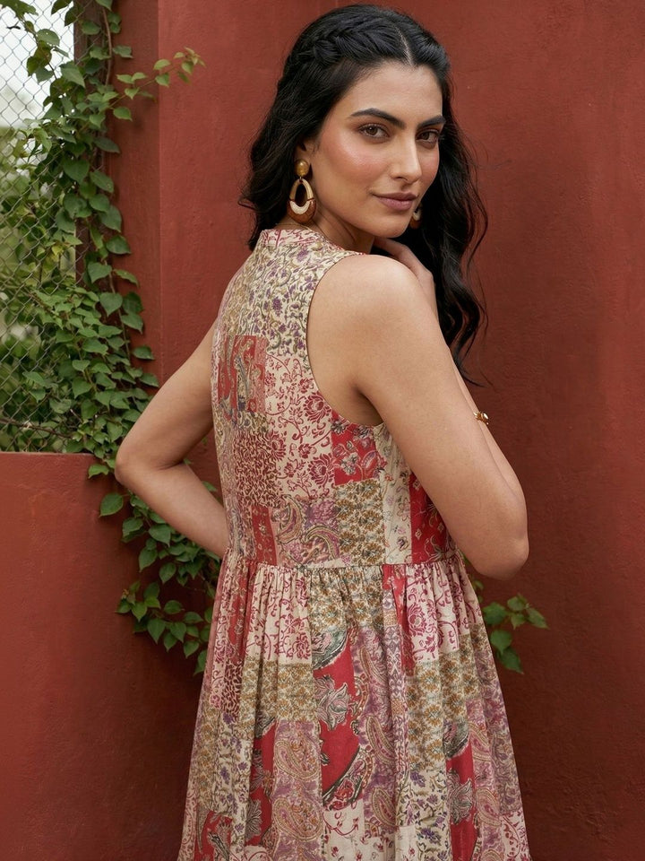 Mamicha Ethnic Motifs Printed Sleeveless Crepe Fit And Flare Midi Dress