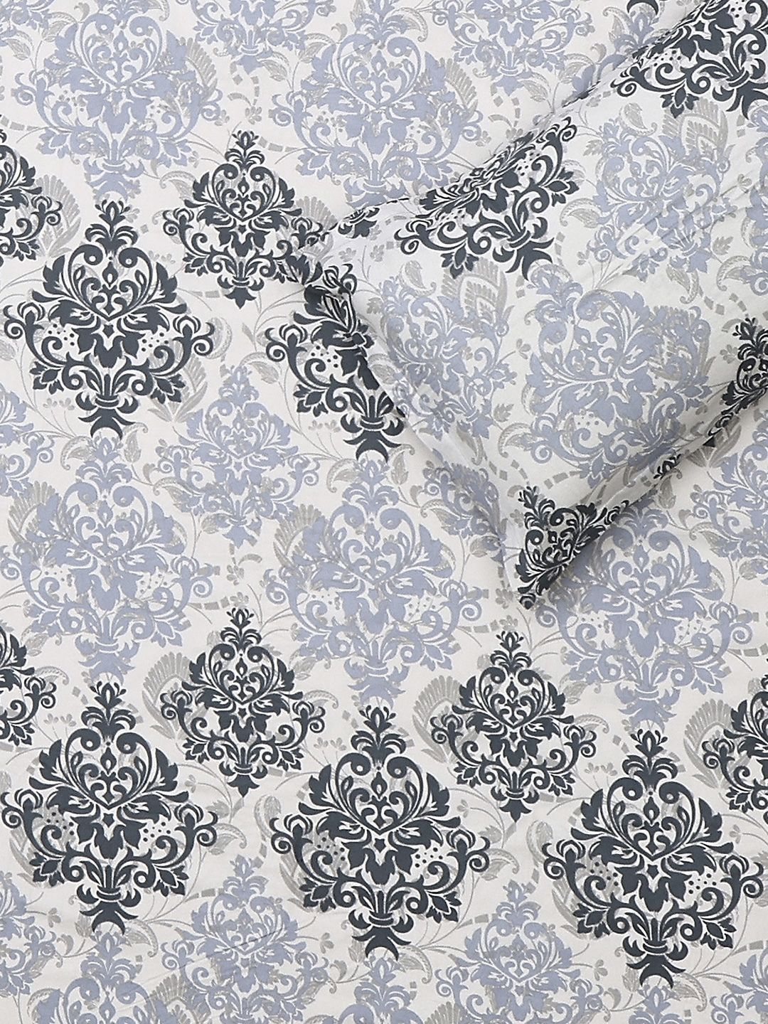 Monte Carlo Grey & White Printed Cotton 104 TC Queen Bedsheet Set 2.24 m x 2.54 m