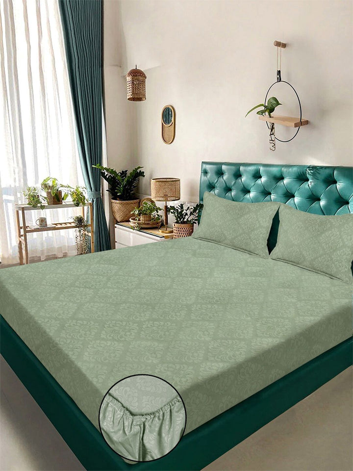 KLOTTHE Green Embossed Fitted 300 TC King Bedsheet With 2 Pillow Covers- 2.5 m x 2.25 m
