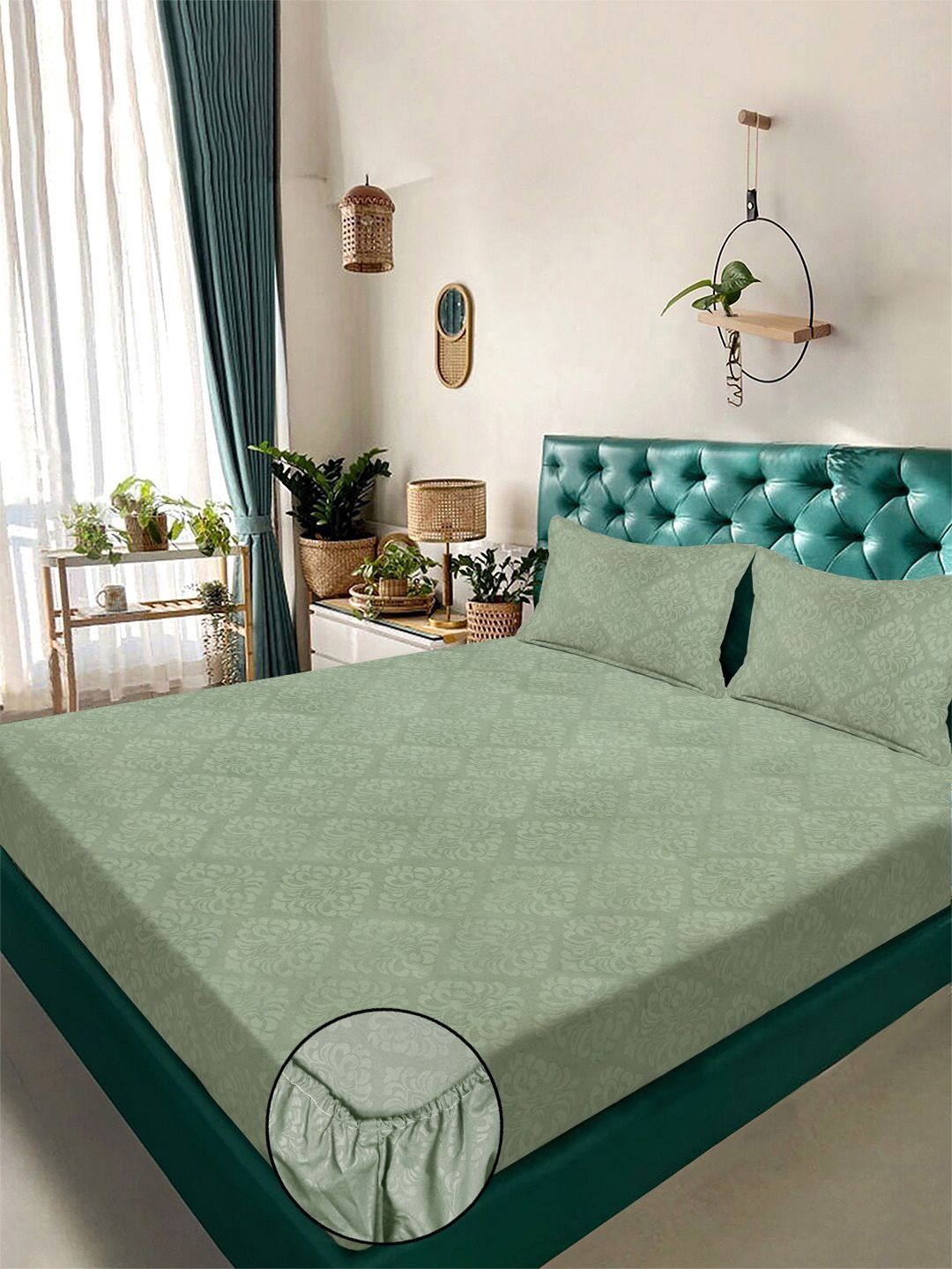 KLOTTHE Green Embossed Fitted 300 TC King Bedsheet With 2 Pillow Covers- 2.5 m x 2.25 m