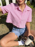 DressBerry Striped Spread Collar Short Sleeves Crop Shirts