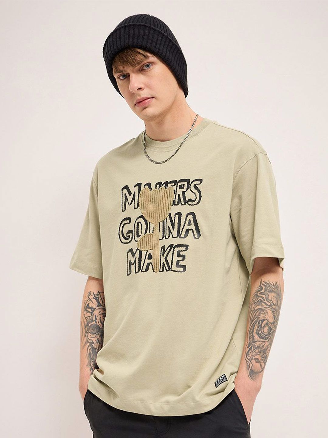 THE BEAR HOUSE Men Graphic Printed Round Neck Cotton Oversized T-shirt
