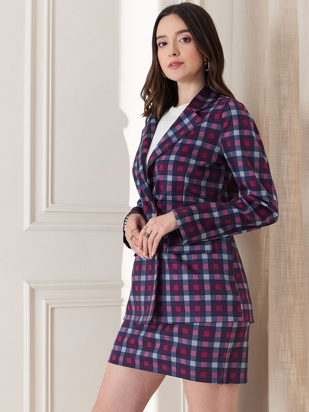 Berrylush Checked Long Sleeves Blazer With Skirt & Top