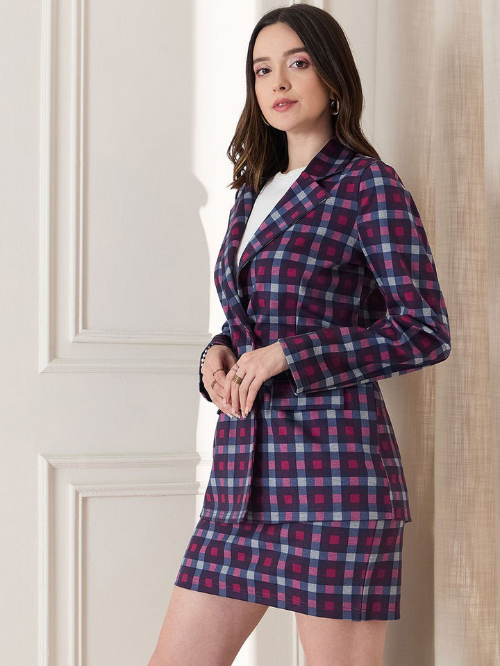 Berrylush Checked Long Sleeves Blazer With Skirt & Top
