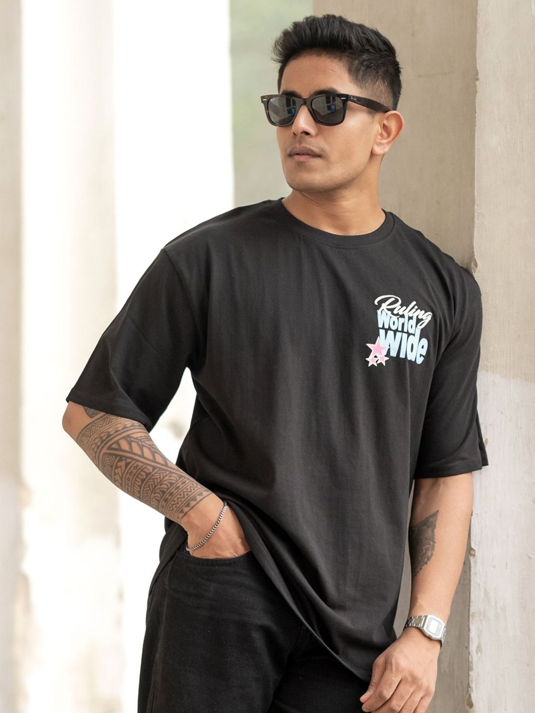 Powerlook Men Graphic Printed Round Neck Cotton Oversized T-shirt