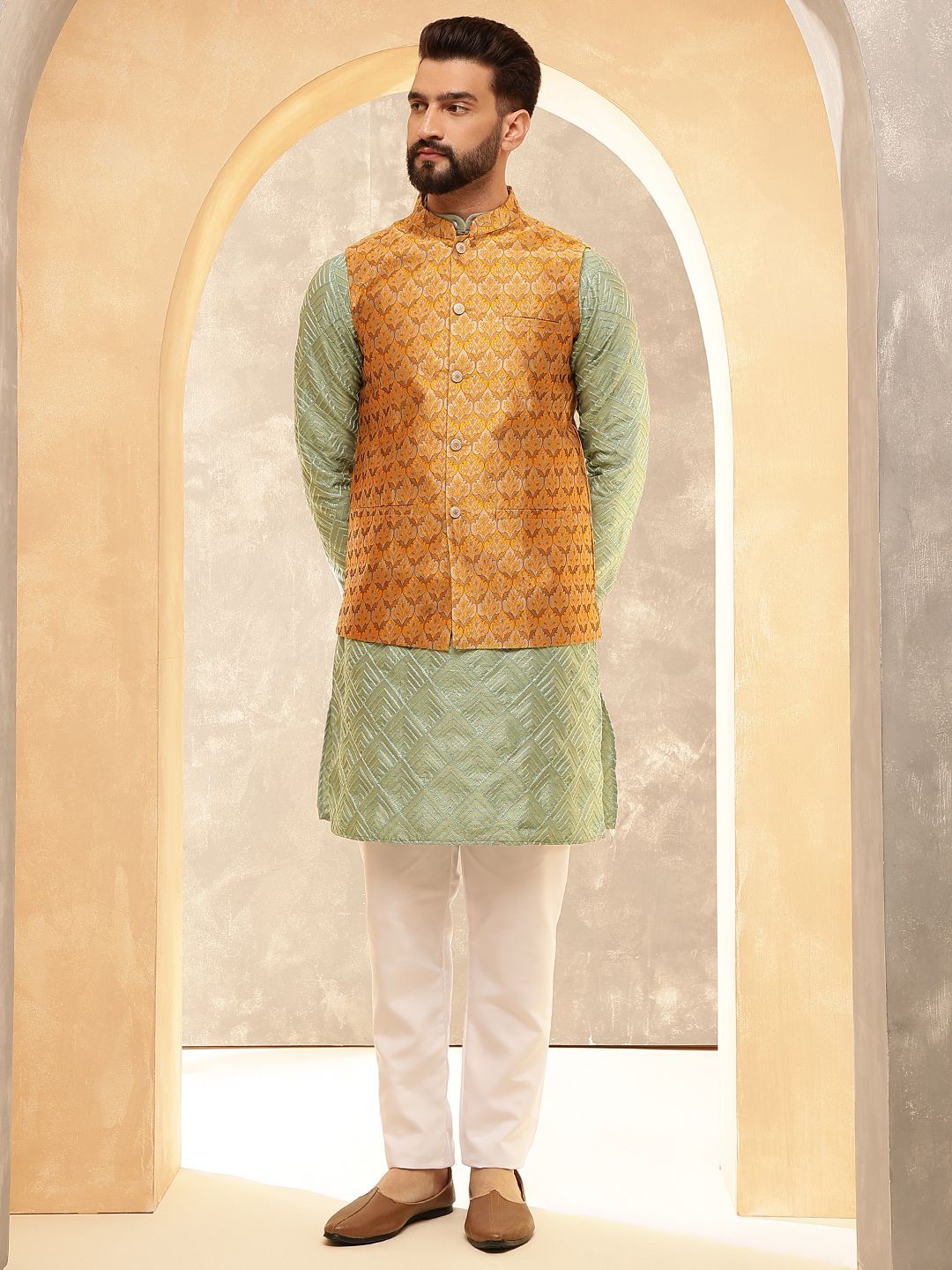 Anouk Olive Geometric Embroidered Straight Kurta With Pyjamas And Nehru Jacket