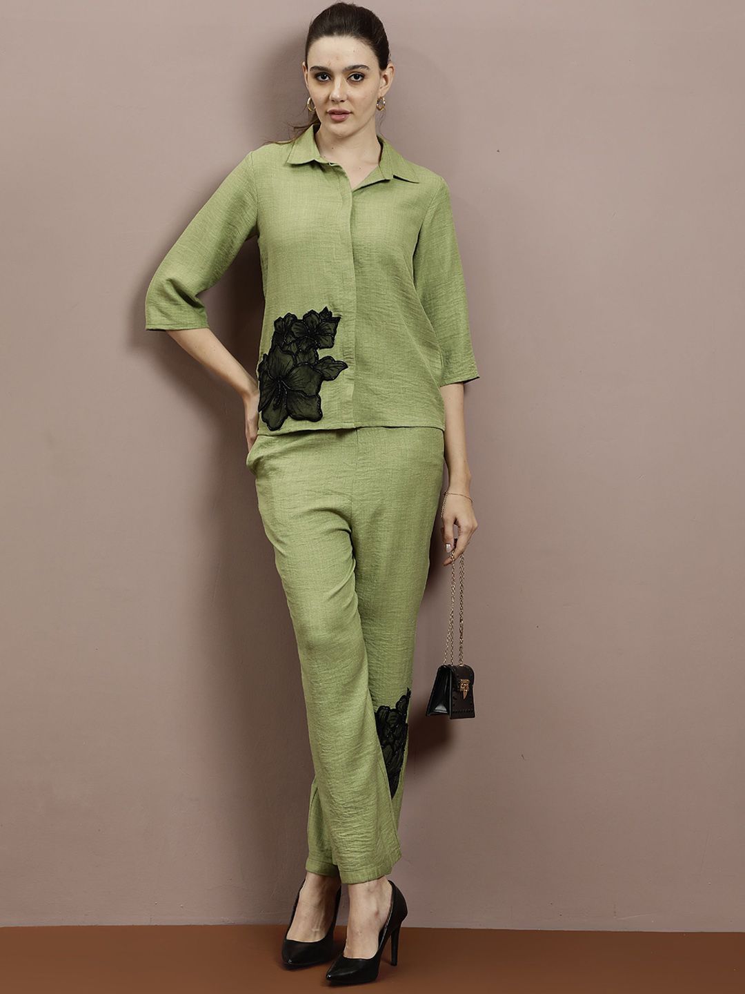 Athena Embellished Linen Shirt With Trousers