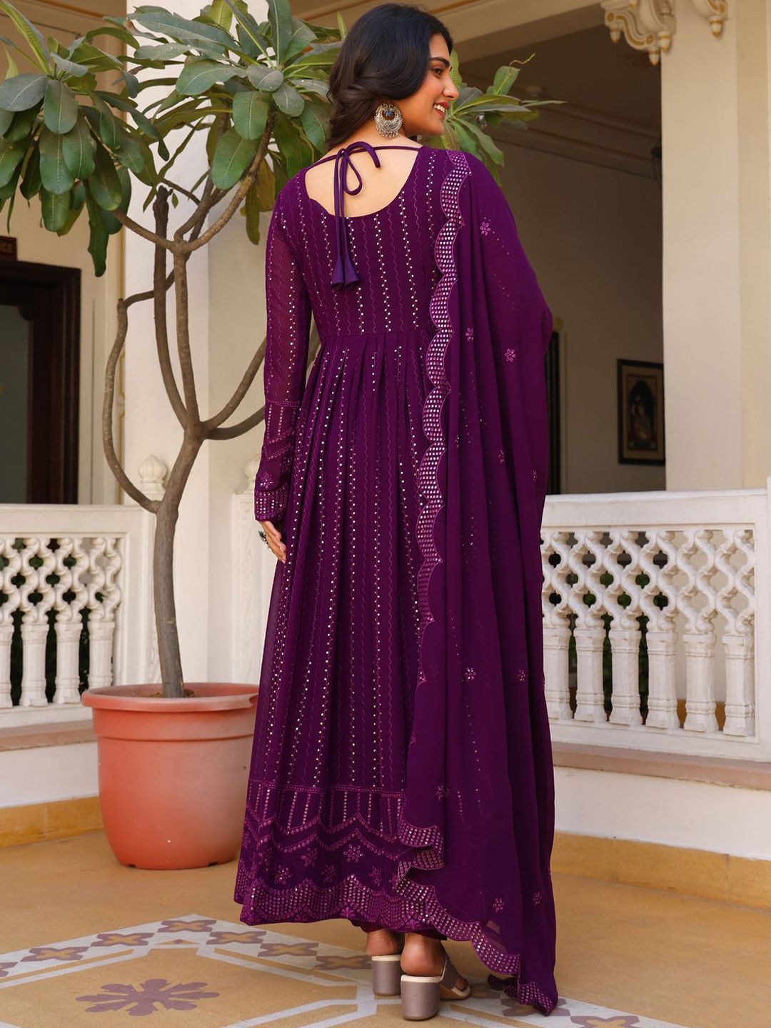 KALINI Striped Sweetheart Neck Thread Work Georgette Anarkali Kurta With Pyjamas & Dupatta