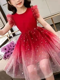 YK Print Girls Solid Embellished Flutter Sleeves Fit & Flare Dress