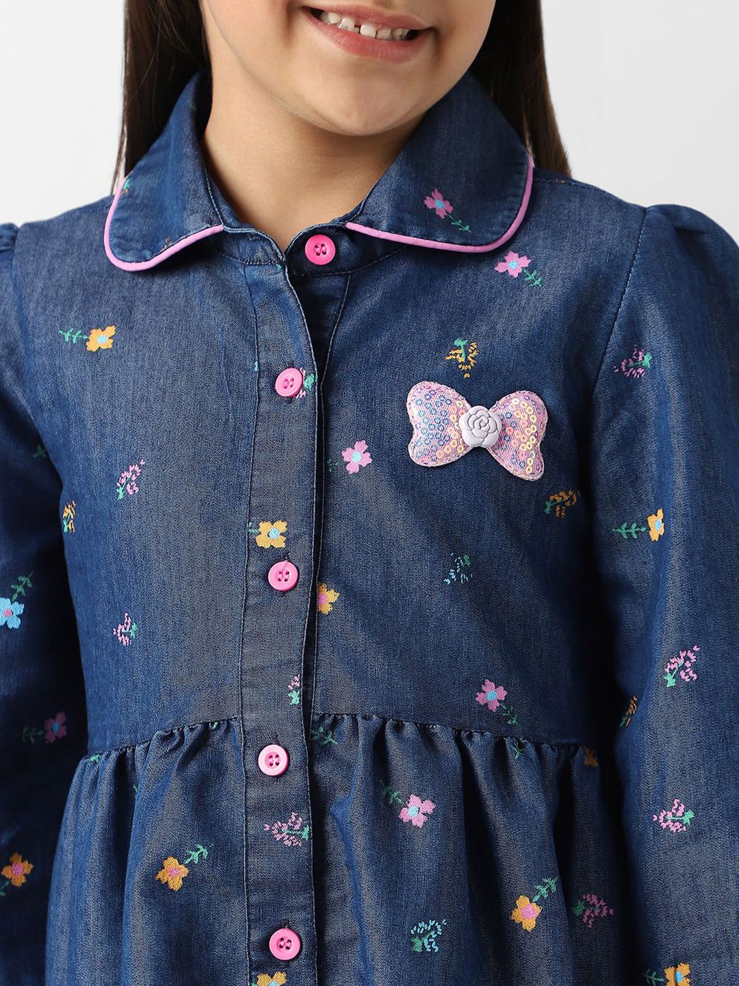 Nauti Nati  Girl Denim Shirt Dress With Puff Sleeves