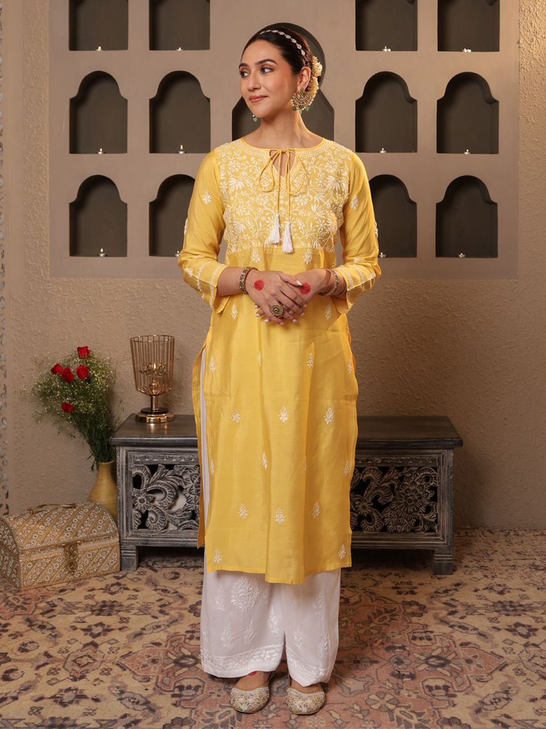 House of Chikankari Women Yellow Printed Cotton A-Line Kurta