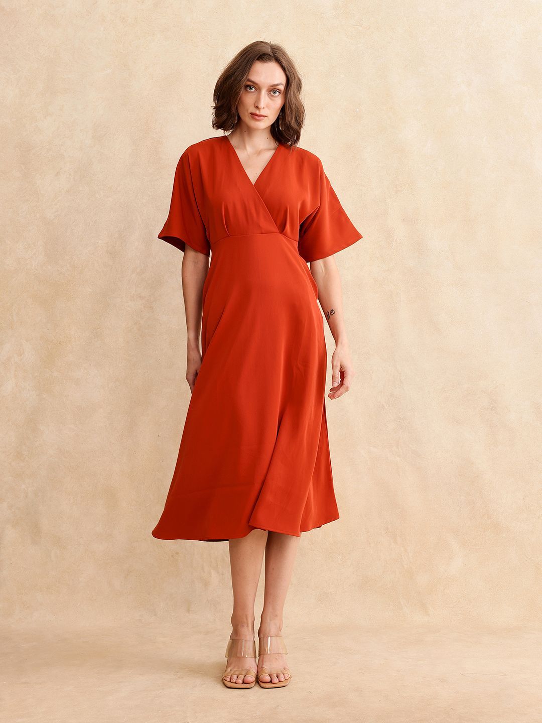 RAREISM Women V-Neck Fit & Flare Cotton Midi Dress