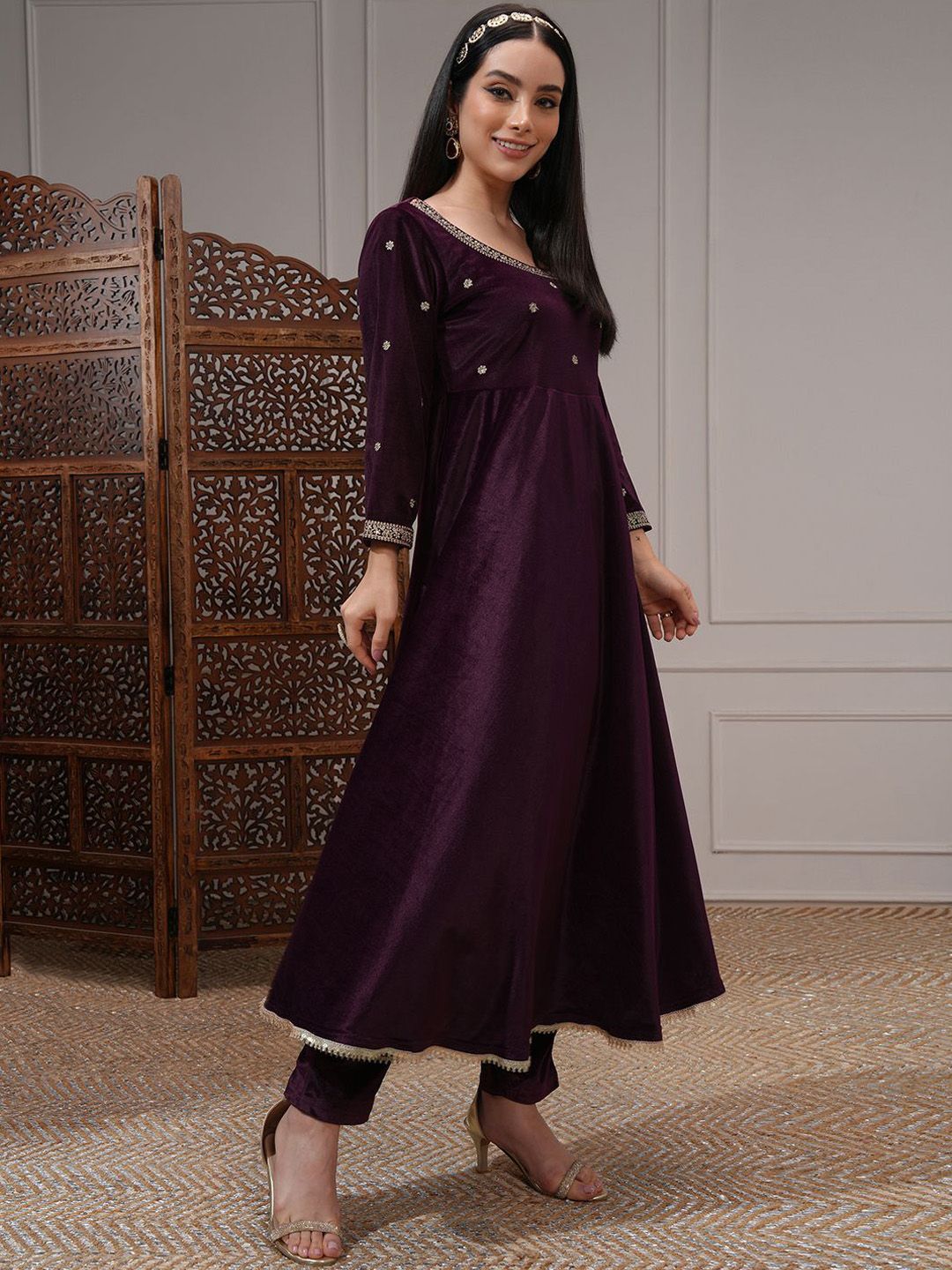 Vishudh Women Embroidered Velvet Umbrella Kurta With Slim Pants & Dupatta
