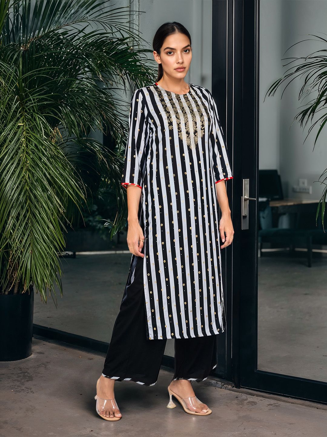 Anouk Striped & Floral Print Gotta Patti Kurta with Palazzos