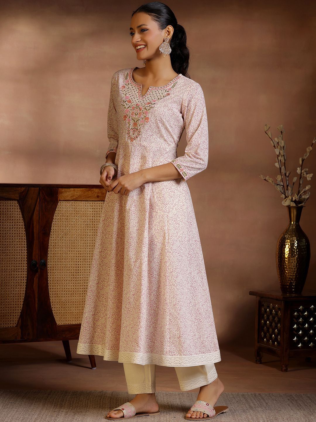 Libas Floral Printed Panelled Pure Cotton Anarkali Kurta with Trousers
