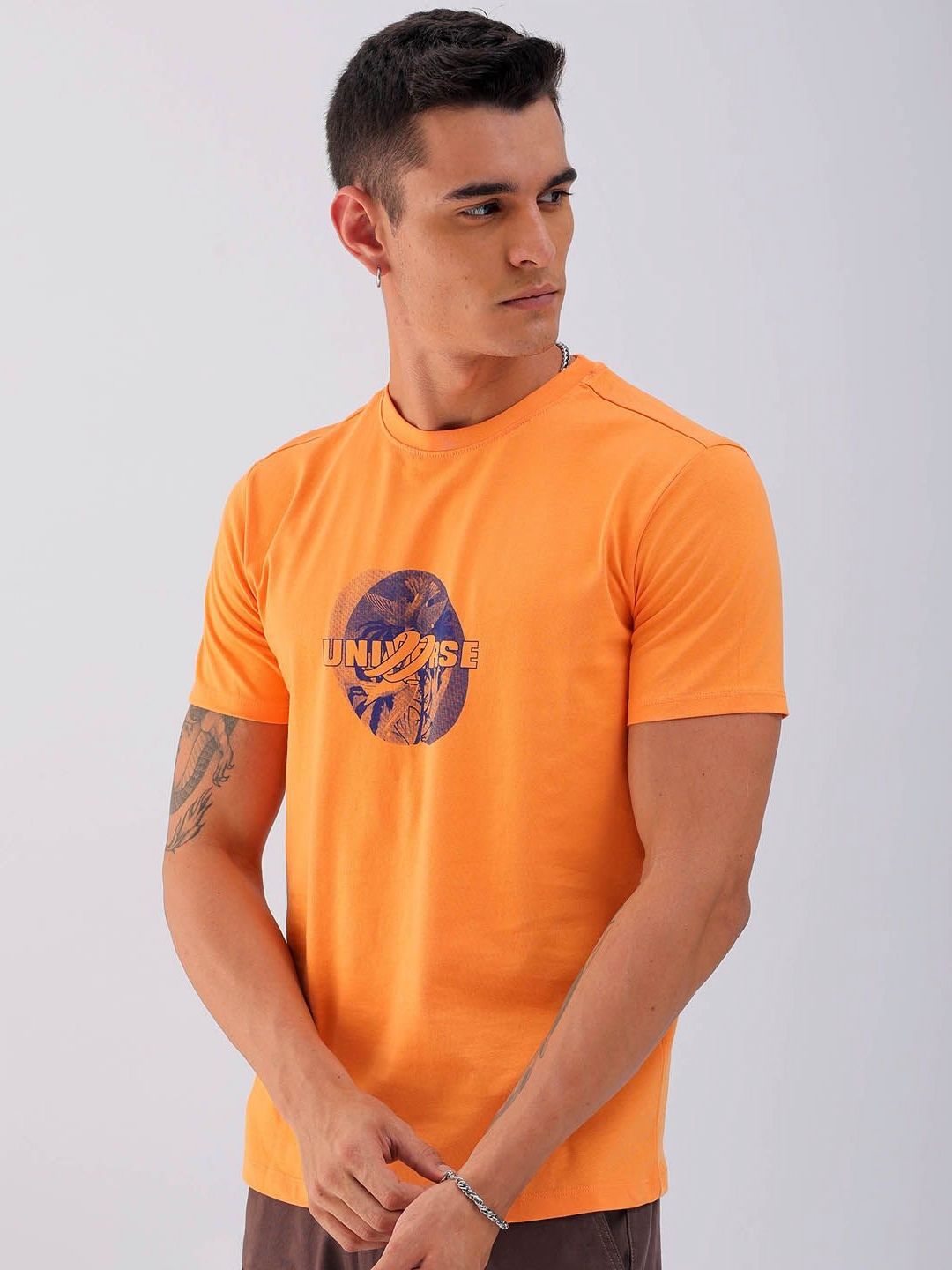 The Indian Garage Co Pure Cotton Graphic Printed Round Neck Slim Fit T-shirt