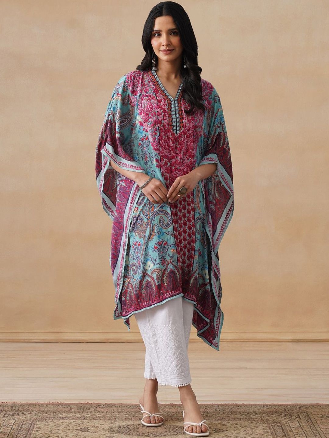 House of Chikankari Women Blue Printed Crepe Kaftan Kurta