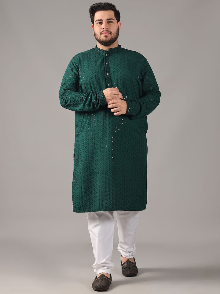 SOJANYA PLUS Size Floral Embroidered Band Collar Sequin Cotton Straight Kurta