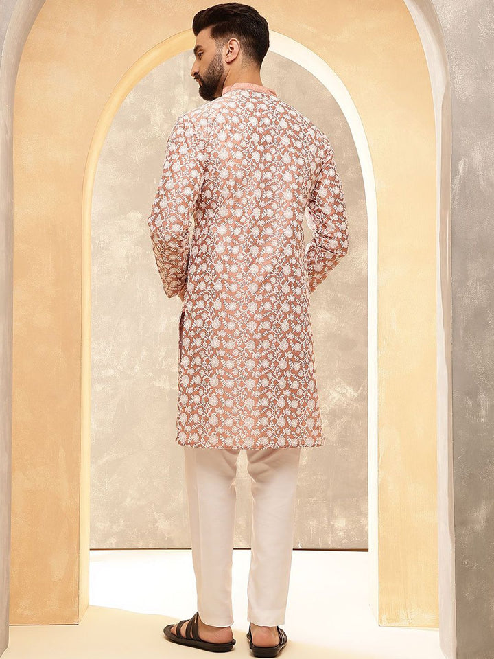 Anouk Peach & White Band Collar Floral Sulam Kurta Lurus
