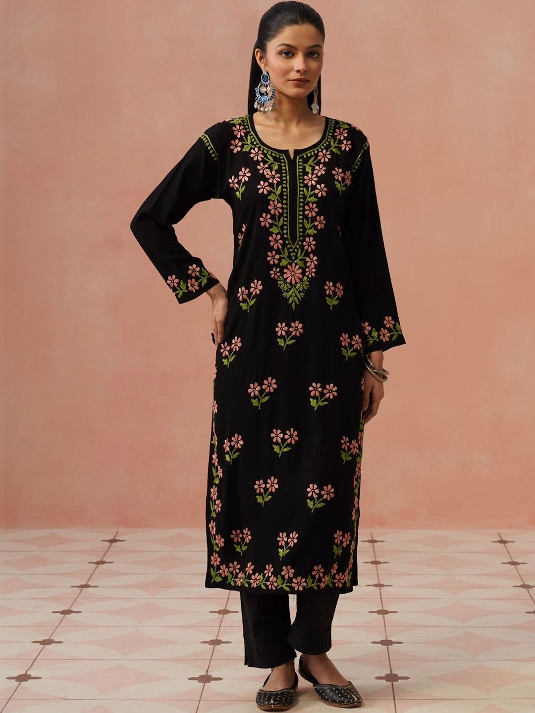 House of Chikankari Women Floral Embroidered Thread Work Floral Kurta