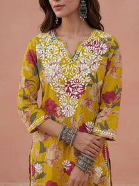 House of Chikankari Women Floral Printed Thread Work Floral Kurta