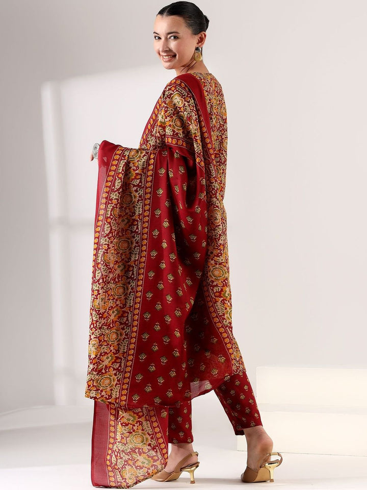 Motif Etnik Wanita Mamicha Bercetak Benang Biasa Kurta Kerja dengan Seluar & Dengan Dupatta