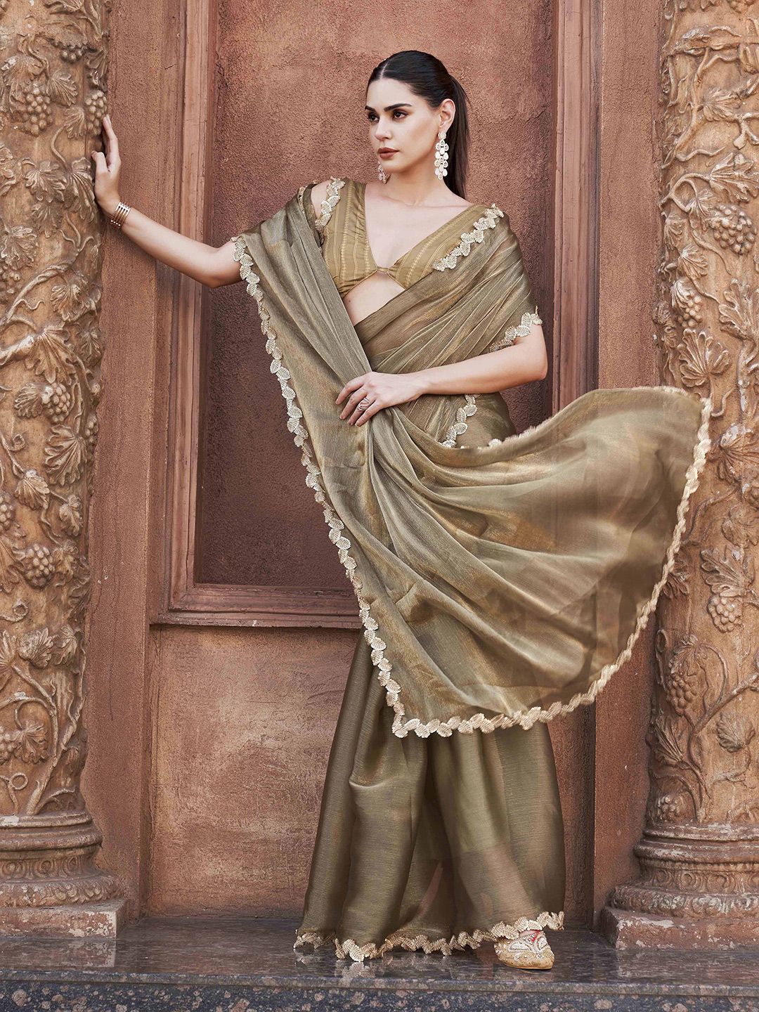 Tikhi Imli Solid With Embroidered Border Polyester Saree