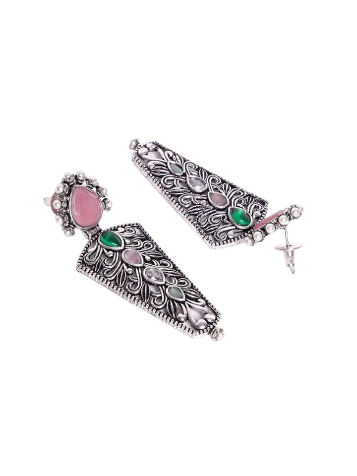 PANASH Silver Plated Cubic Zirconia Studded Oxidized Drop Subang