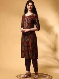 Anouk Maroon Floral Printed Round Neck Straight Kurta with Trousers & Dupatta