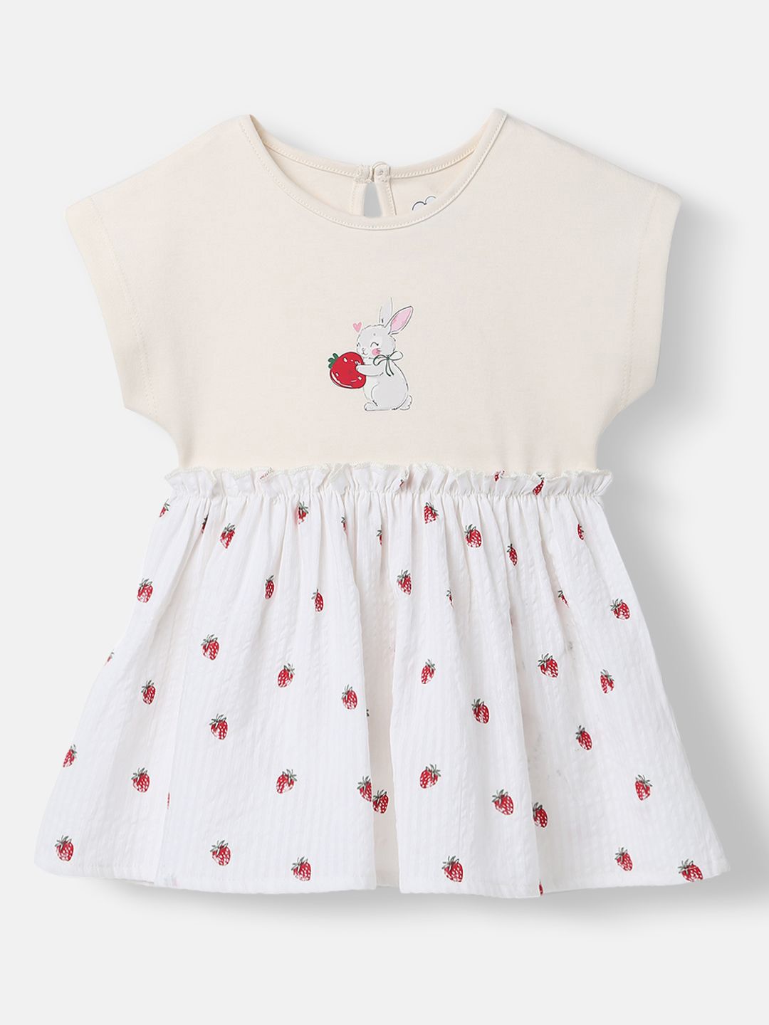 Nauti Nati Girls Cotton Strawberry Print Rabit Badge Dress