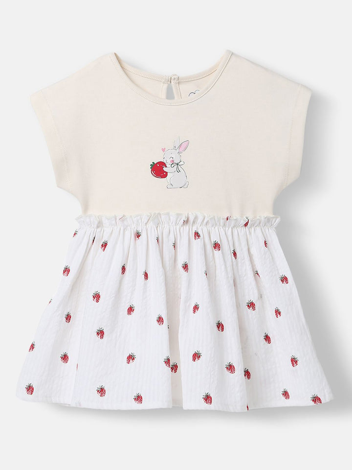 Nauti Nati Girls Cotton Strawberry Print Rabit Badge Dress