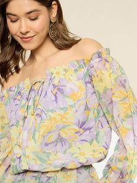 Berrylush Floral Print Off-Shoulder Flared Sleeve Ruffles Georgette Peplum Top
