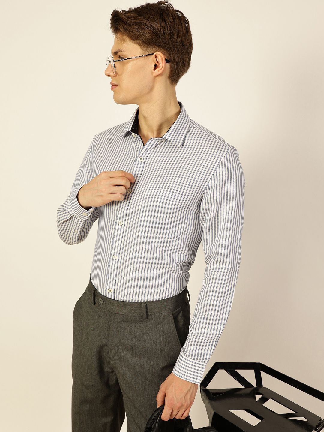 Thomas Scott Men Smart Cutaway Collar Vertical Striped Cotton Formal Shirt