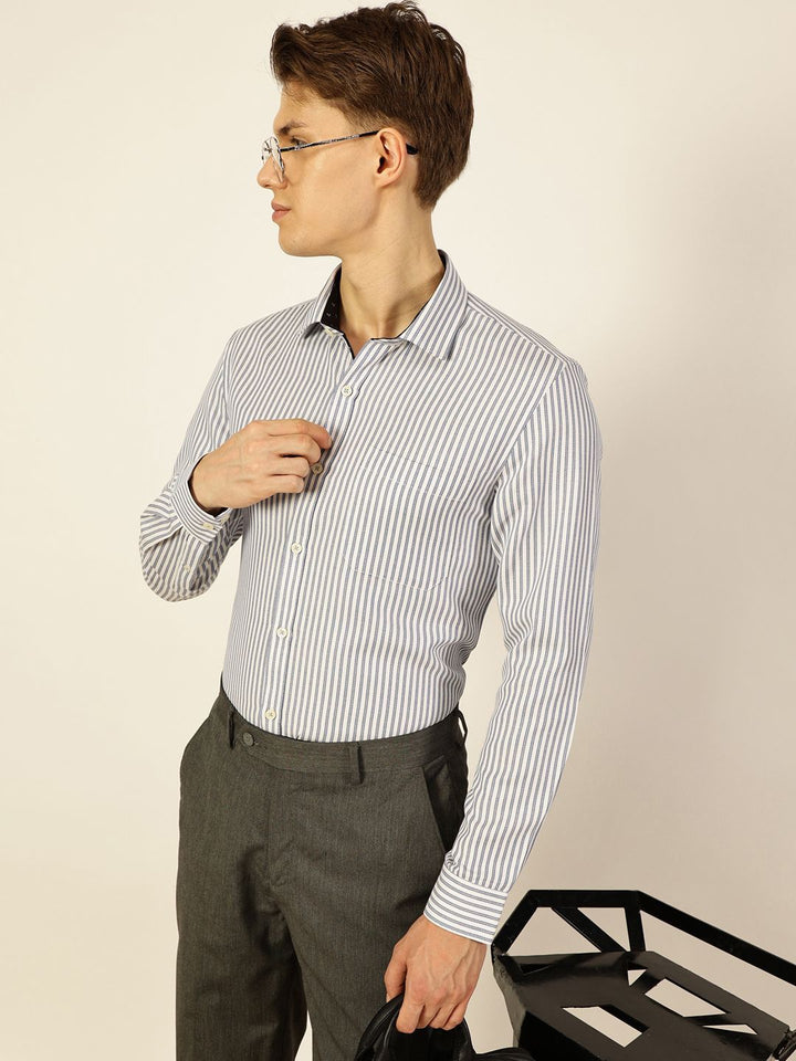Thomas Scott Men Smart Cutaway Collar Vertical Striped Cotton Formal Shirt