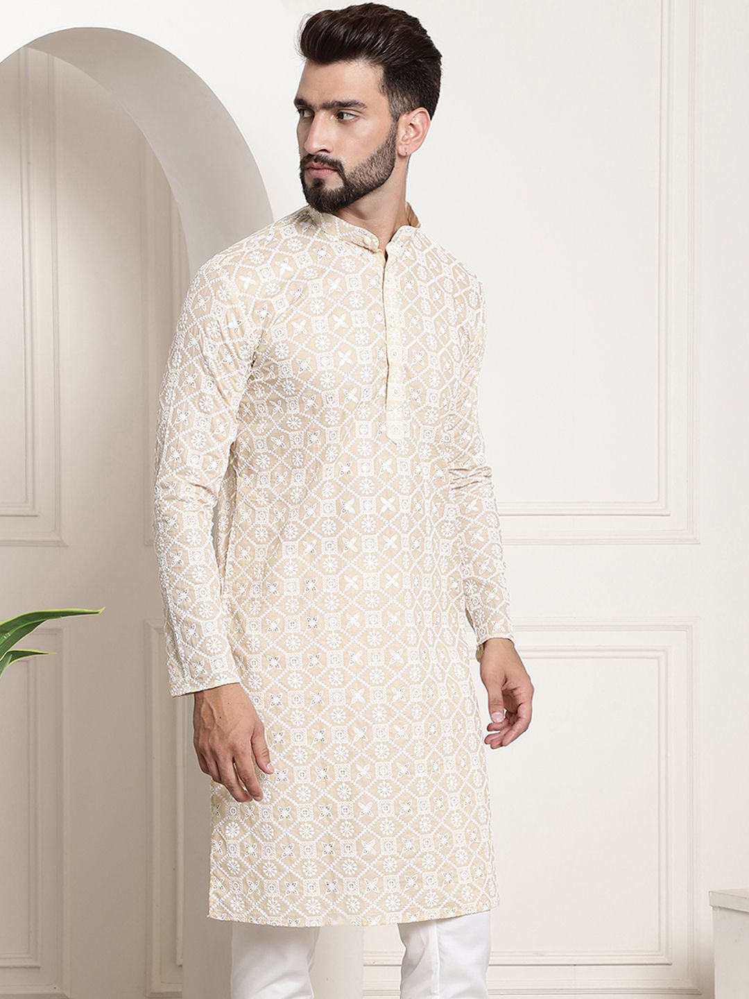 SOJANYA Band Collar Ethnic Motifs Embroidered Thread Work Cotton Kurta
