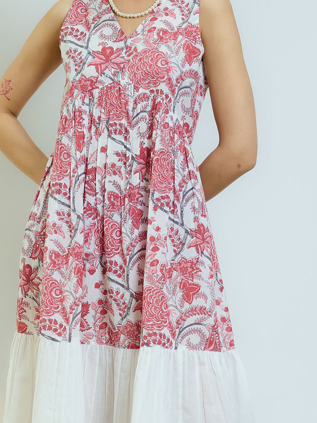 Rustorange Women Peach Red Sanganeri Printed Cotton Tier Dress