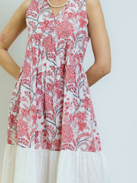 Rustorange Women Peach Red Sanganeri Printed Cotton Tier Dress