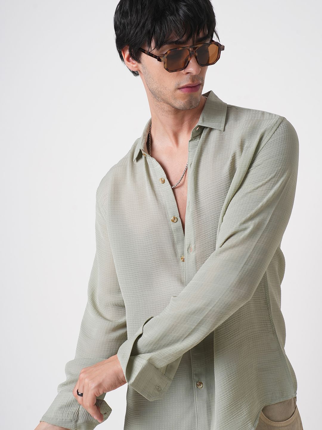 VASTRADO Men Classic Spread Collar Textured Slim Fit Casual Shirt