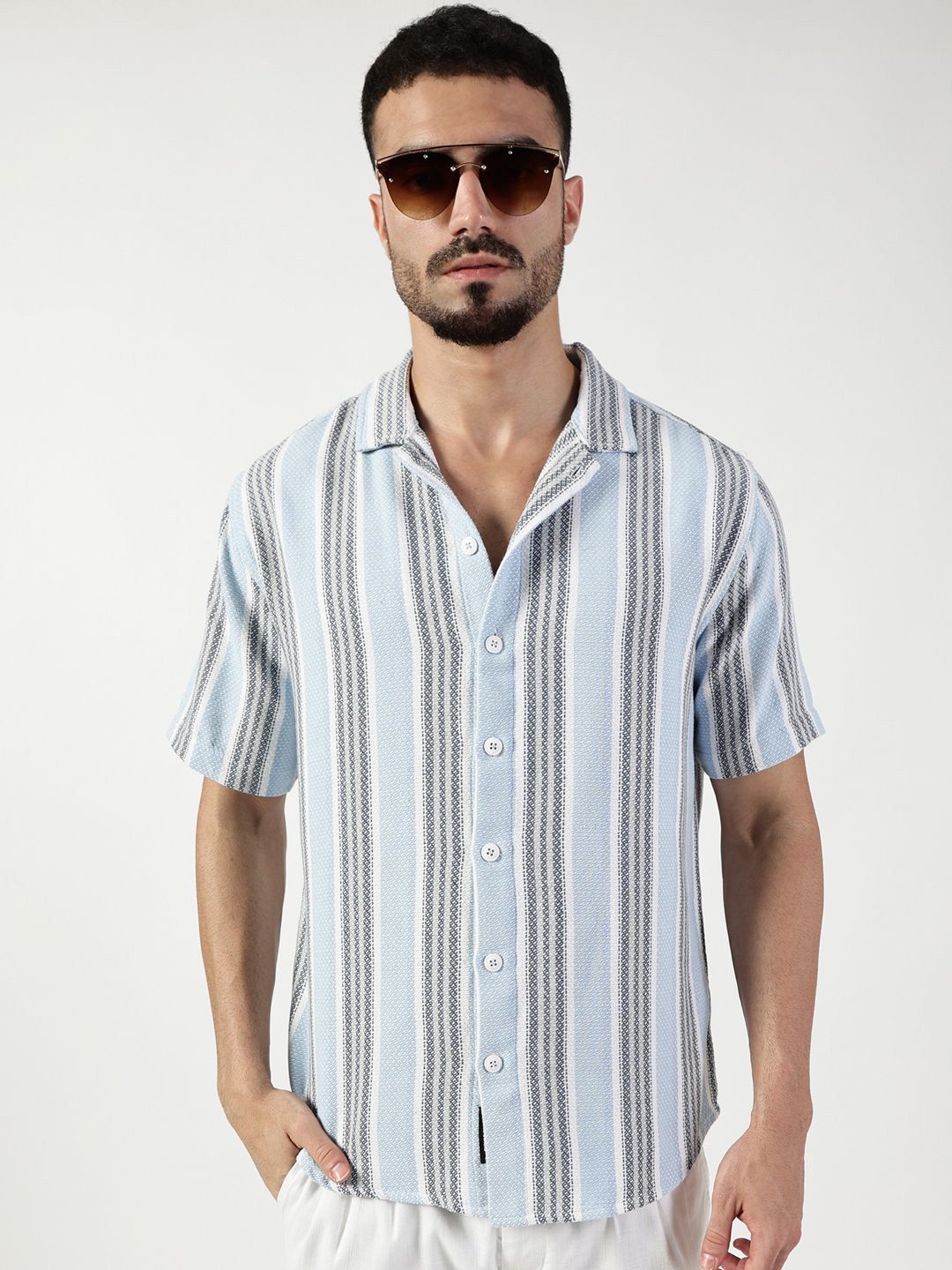 Thomas Scott Men Premium Spread Collar Vertical Striped Cotton Slim Fit Casual Shirt