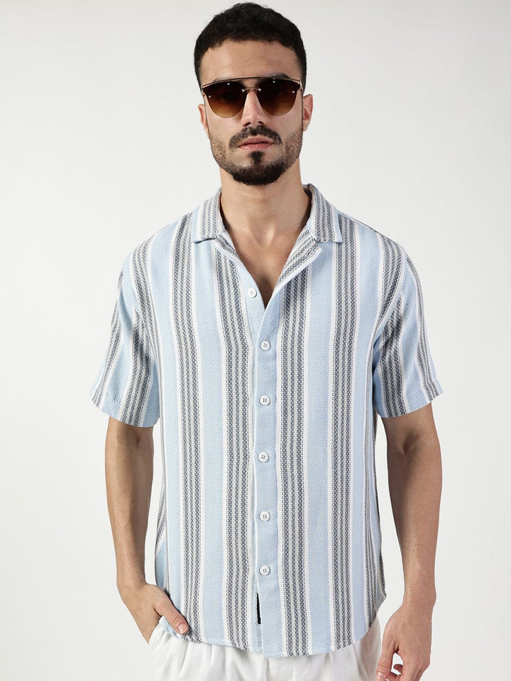 Thomas Scott Men Premium Spread Collar Vertical Striped Cotton Slim Fit Casual Shirt