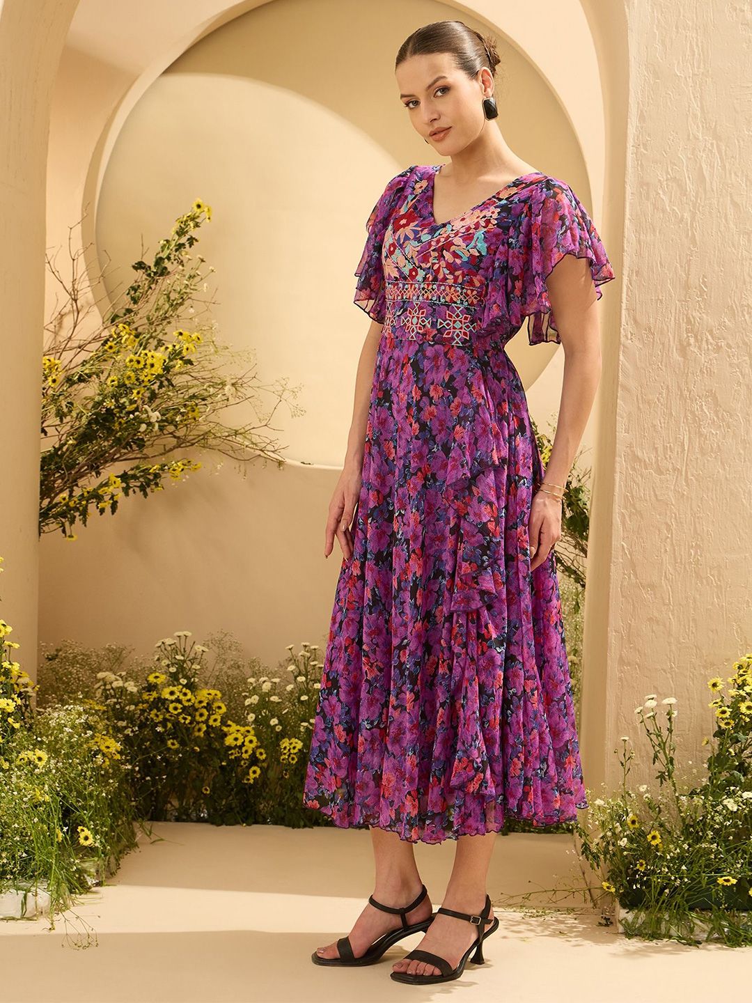 Antheaa Women embroidered & Floral Printed Flared Sleeves Fit and Flare Maxi Dress
