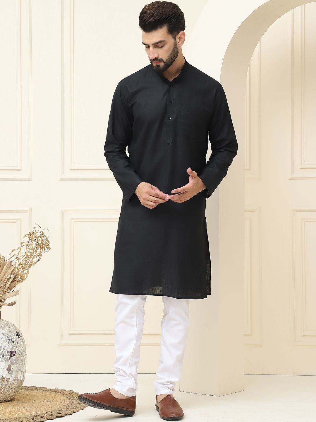 SOJANYA Kurta Linen Kapas Biasa Kolar Mandarin Dengan Pijama