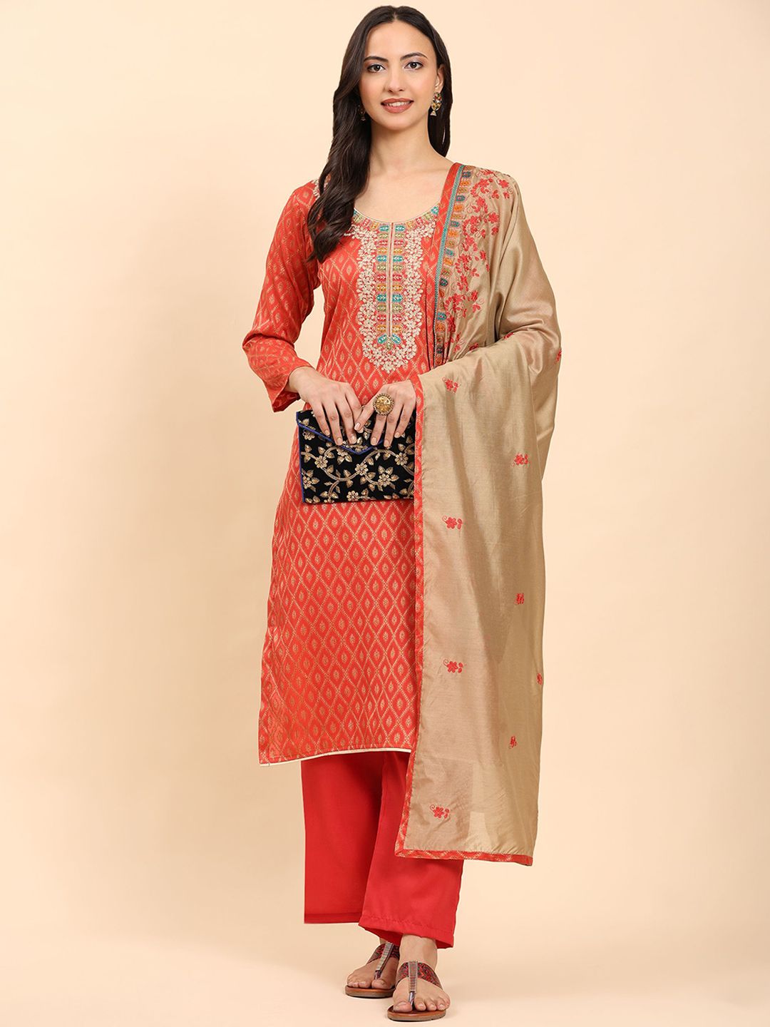 Mamicha Women Floral Embroidered Regular Pure Cotton Kurta with Palazzos & With Dupatta