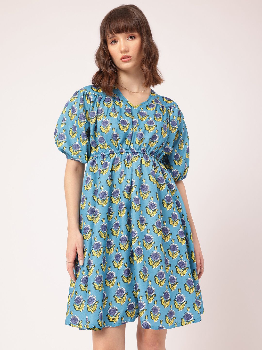 DressBerry Daydream Diva Floral Print Cinched Waist A-line Dress