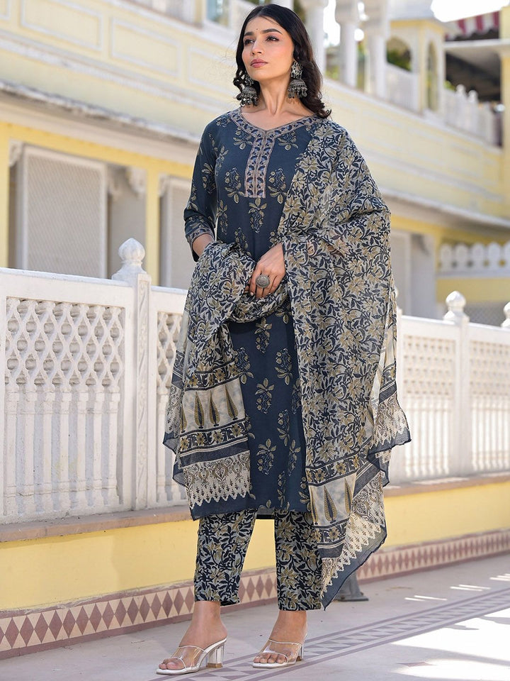 KALINI Floral Printed V Neck Straight Kurta With Trousers & Duppatta