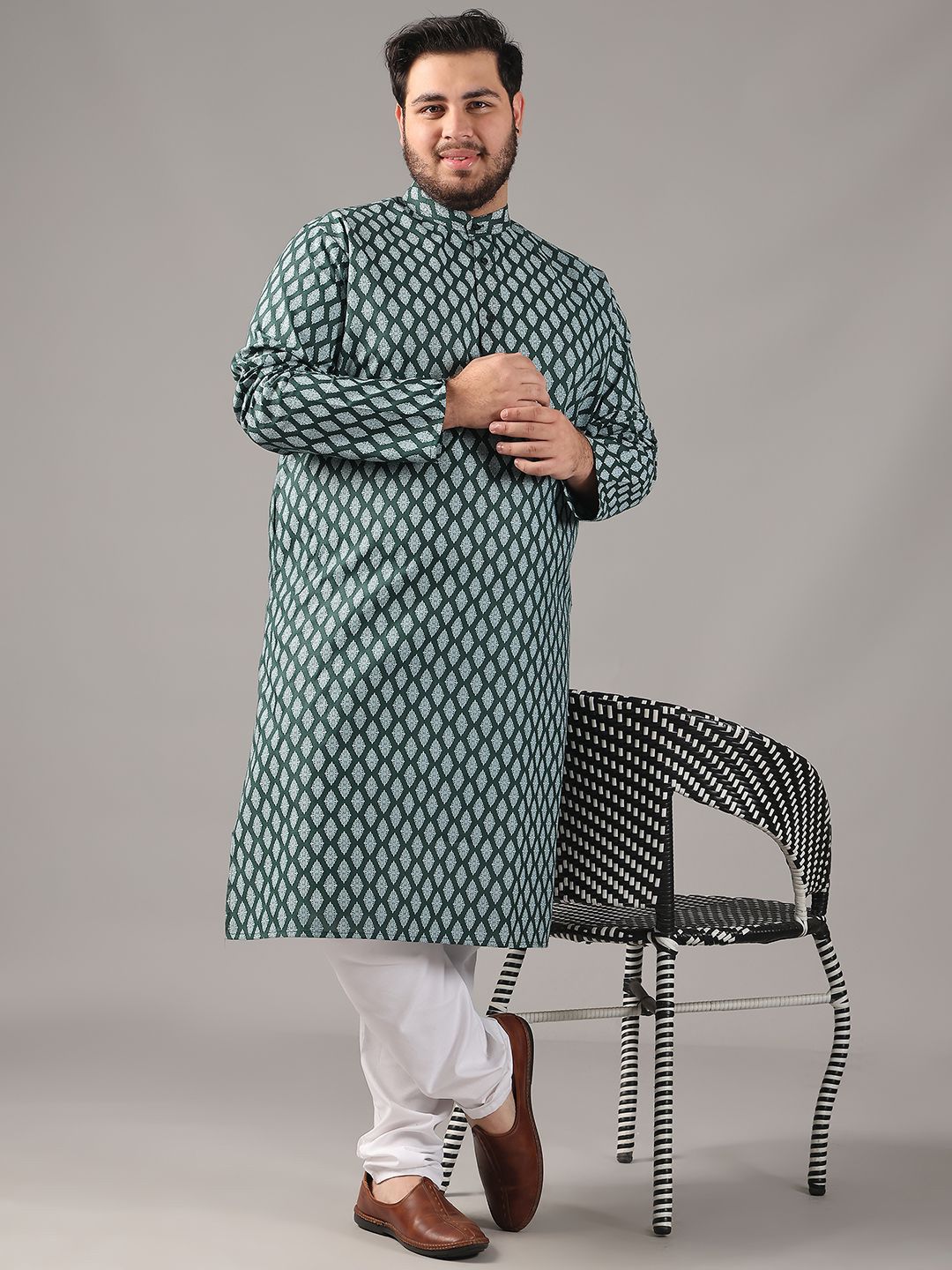 SOJANYA PLUS Plus Size Lelaki Motif Etnik Bercetak Kolar Jalur Kurta Lurus Dengan Piyama