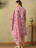 Mamicha Women Floral Printed Angrakha Thread Work Pure Cotton Kurta with Trousers & With Dupatta